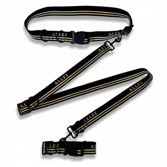 Black and white dog lead, hands free belt and collar 3.8cm set with 'ALLEZ' branding on a white background