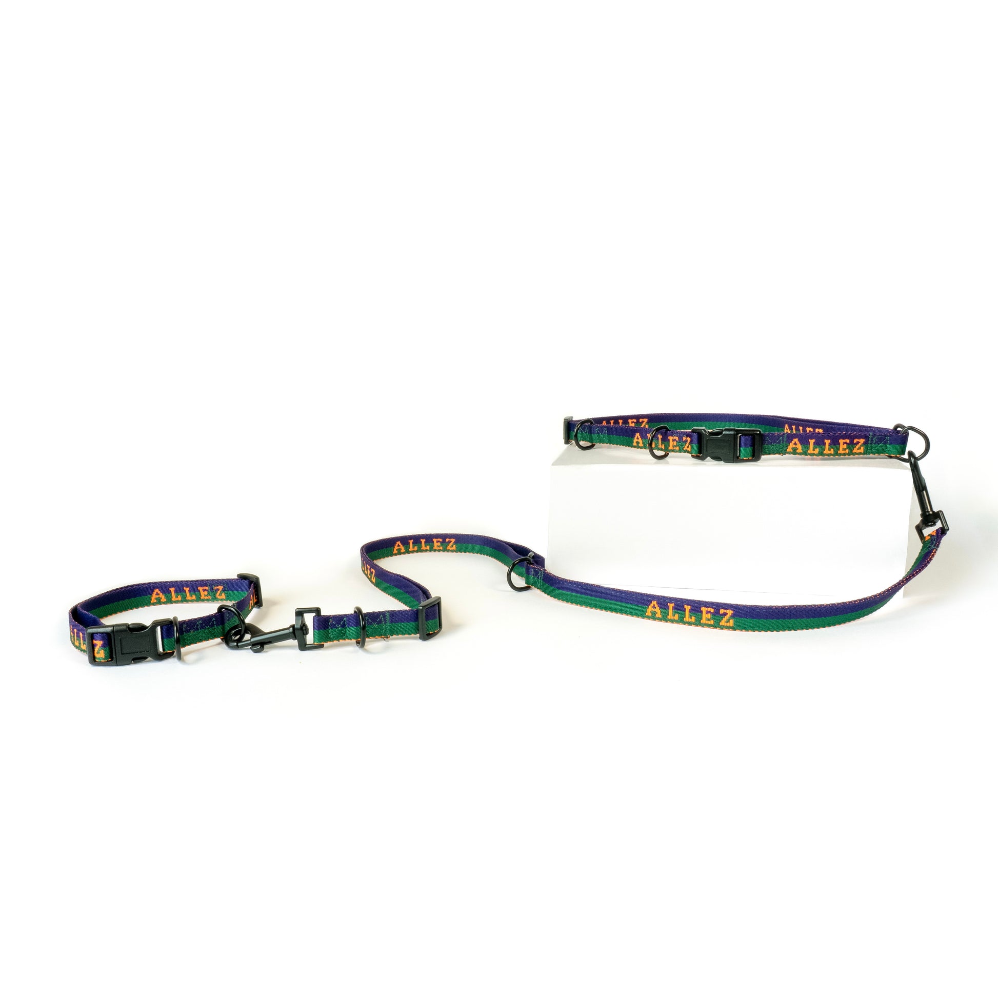 Slim Dog collar and leash set in green, blue and orange in the sport series with 'Allez' branding on a white background
