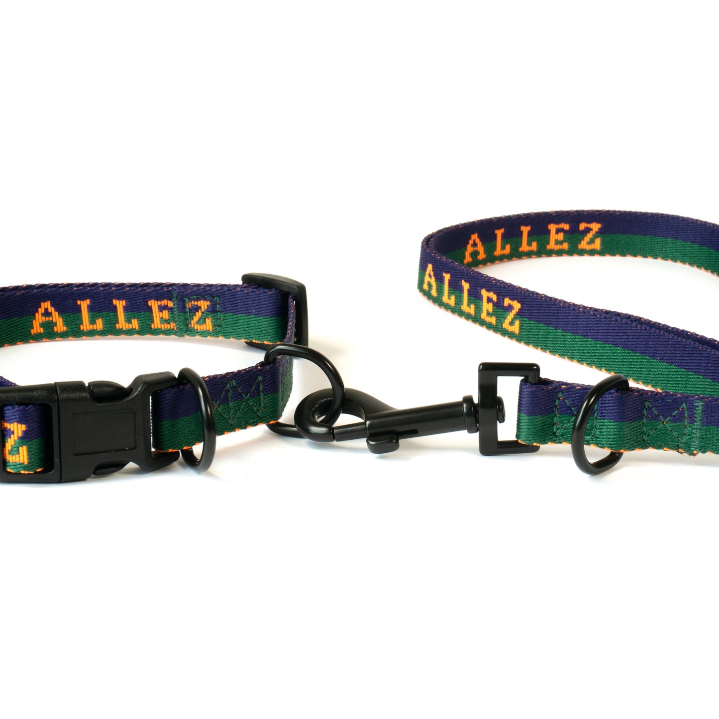 Hands free dog walking belt and sport leash set with 'ALLEZ' branding on a white background with triple D rings
