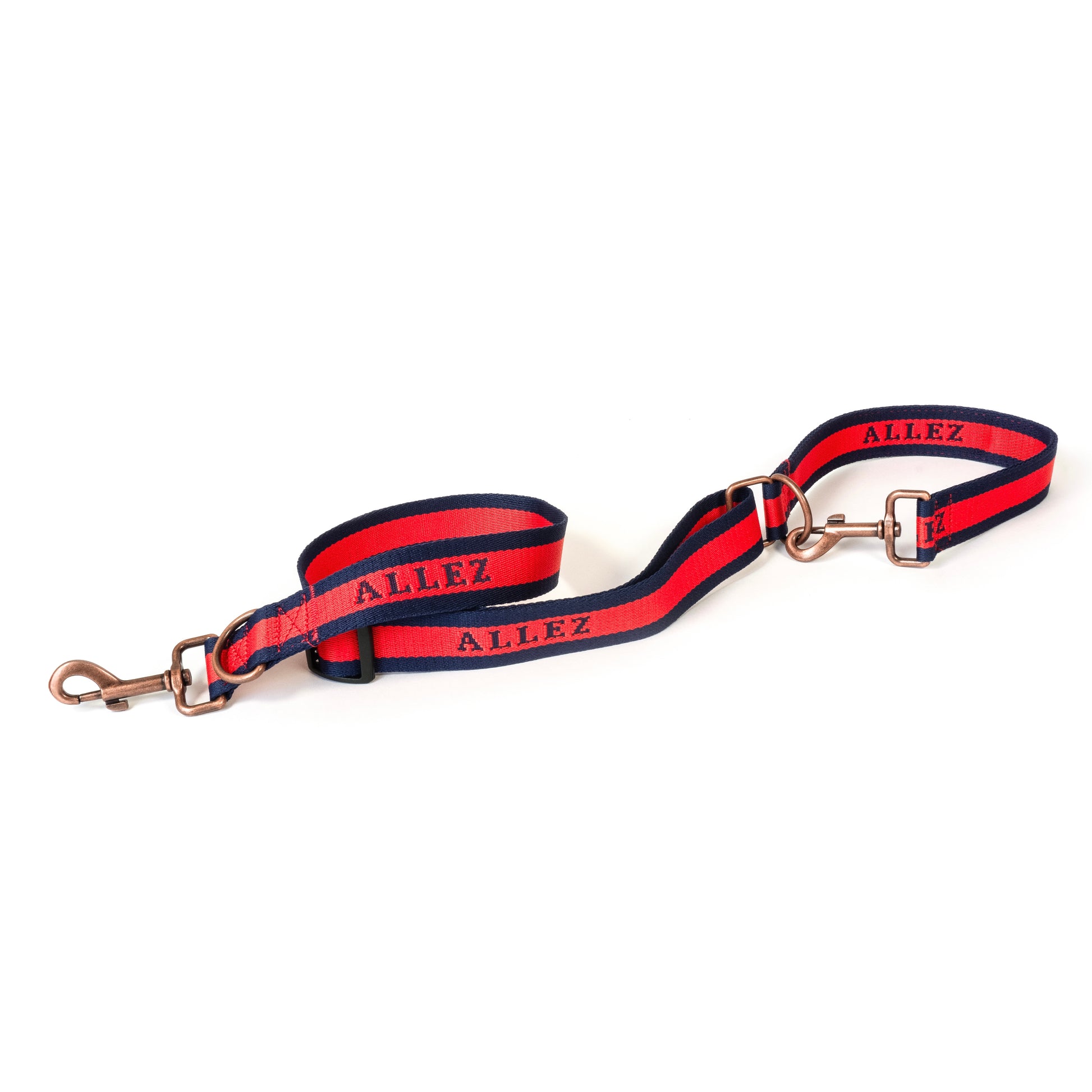 dog lead with double clips and 2 D rings, adjustable in length and easy tether, red, blue and bronze