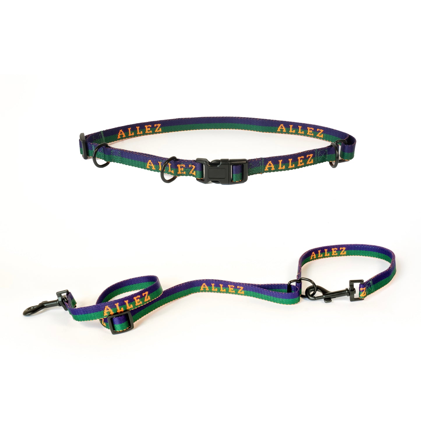hands free thin dog  walking belt and leash set in green, blue and orange with 'ALLEZ' branding on a white background