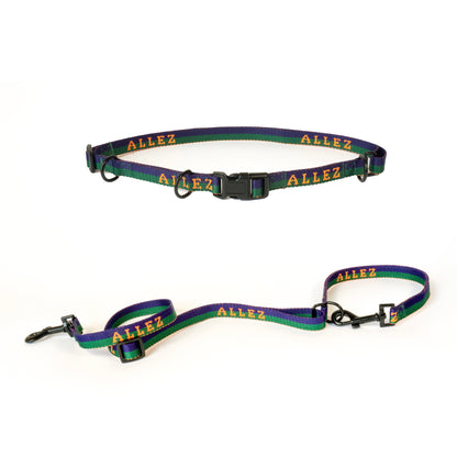 hands free thin dog  walking belt and leash set in green, blue and orange with 'ALLEZ' branding on a white background