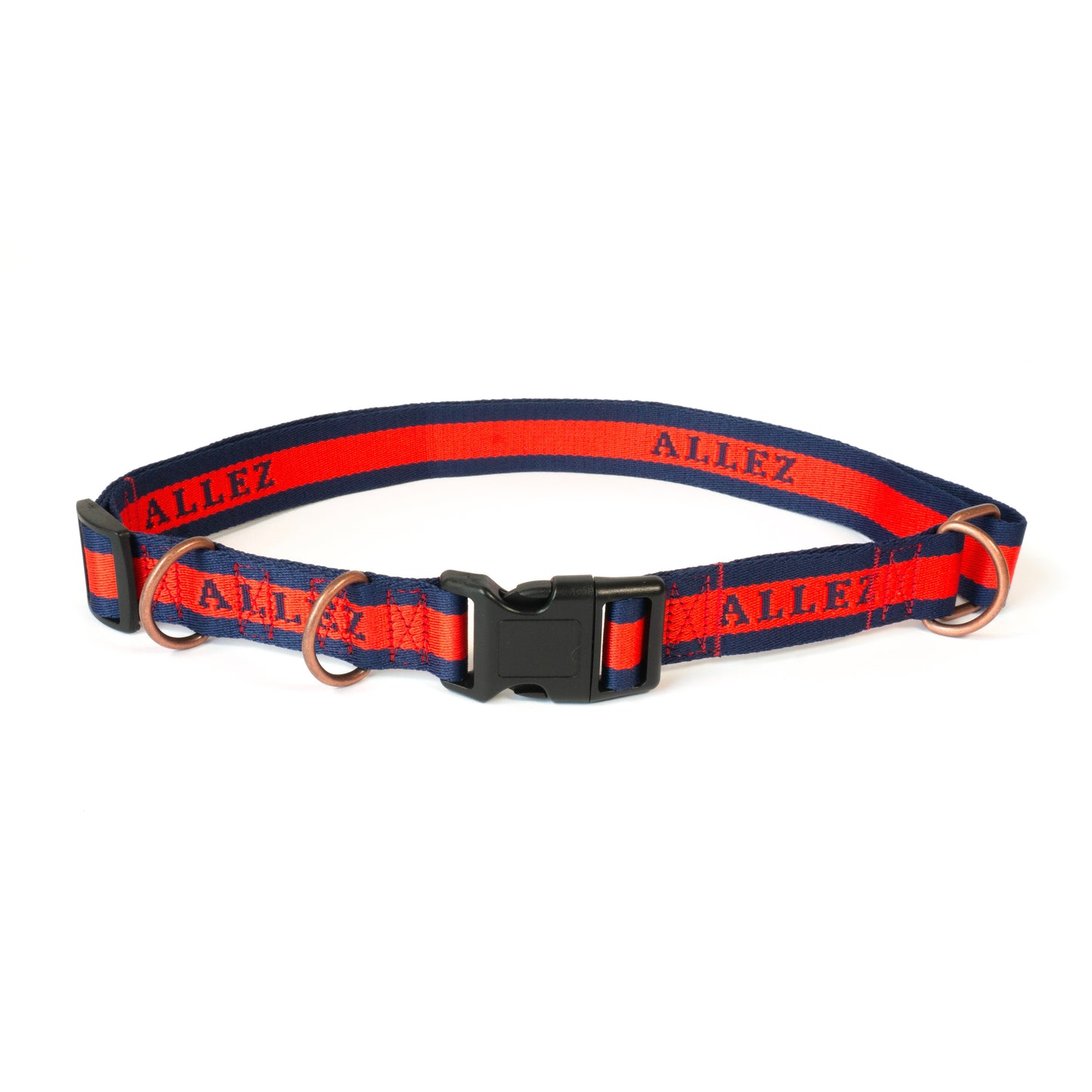 navy and red dog walking belt, 3 D rings for accessories and suitable to pair with any lead or Allez multi function dog leash