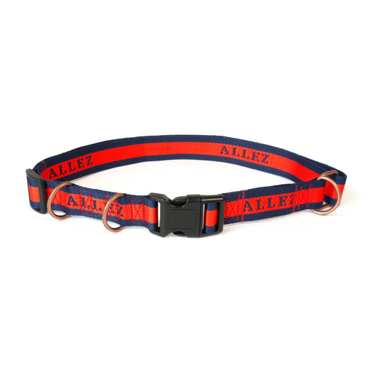 navy and red dog walking belt, 3 D rings for accessories and suitable to pair with any lead or Allez multi function dog leash