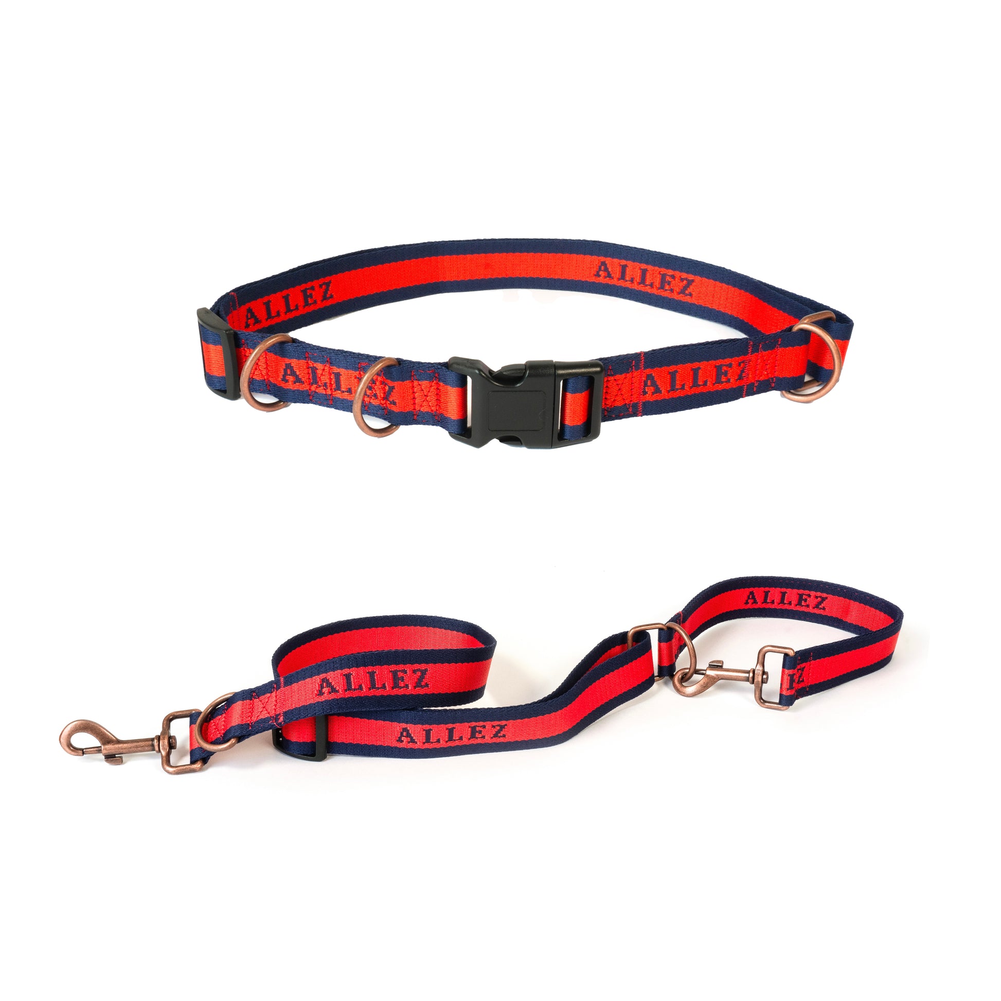 Red and blue pet dog walking belt and leash set with 'ALLEZ' branding 