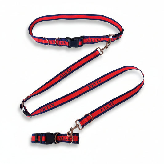 Allez Red and blue dog collar, hands free belt and leash set with 'ALLEZ' branding on a white background